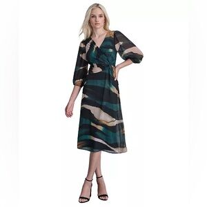 DKNY Women's Printed Balloon-Sleeve Side-Twist Dress Size 4